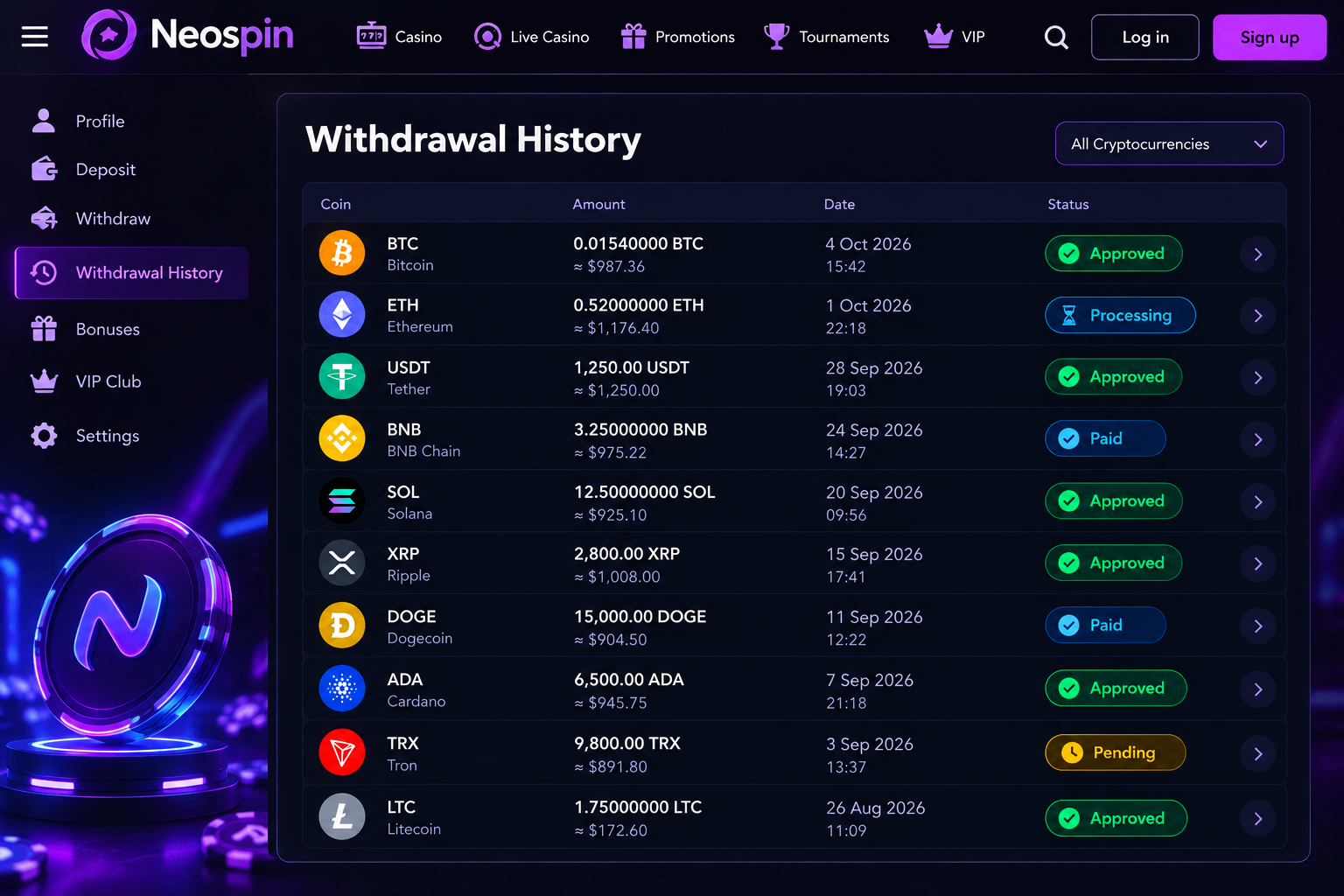 5. Neospin: Widest crypto choice — instant withdrawal casino Australia real money